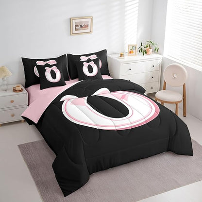 jejeloiu Kawaii Pink Bow Full Comforter Set with Sheets,Gifts for Women Teen Girl,Monogrammed 7 Piece Bedding Set,Soft Personalized Initial Letter O Bed in a Bag with Comforter,Sheets,Pillowcases