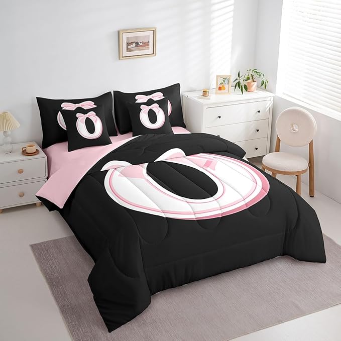 jejeloiu Kawaii Pink Bow King Comforter Set with Sheets,Gifts for Women Teen Girl,Monogrammed 7 Piece Bedding Set,Soft Personalized Initial Letter O Bed in a Bag with Comforter,Sheets,Pillowcases