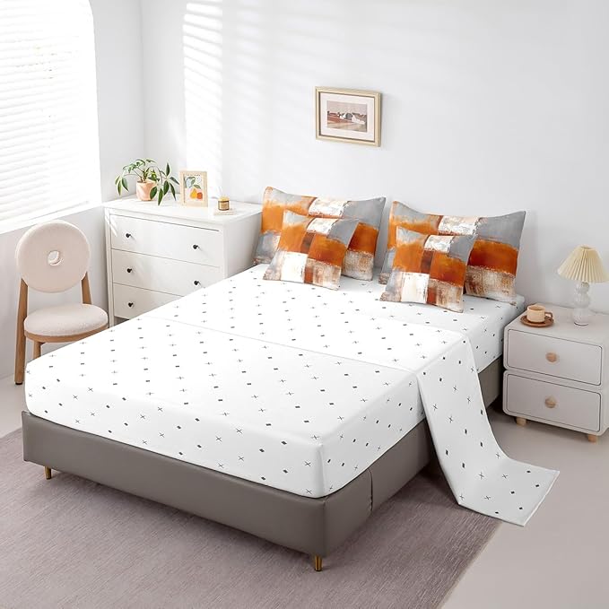 Erosebridal Orange White Gray Bedding Twin Size 7-Piece Oil Painting Comforter Set, Ombre Gradient Bed in a Bag with Flat Sheet and Fitted Sheet Graffiti Abstract Bedding Comforter Sets