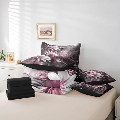Feelyou Girls Vintage Flower Comforter Set with Sheets Full Size 7 Pieces Kids Pink Daisy Florals Pattern Bedding Set for Boys Women Teens Butterfly Botanical Nature Garden Theme Bed in a Bag