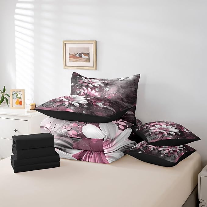 Feelyou Girls Vintage Flower Comforter Set with Sheets King Size 7 Pieces Kids Pink Daisy Florals Pattern Bedding Set for Boys Women Teens Butterfly Botanical Nature Garden Theme Bed in a Bag