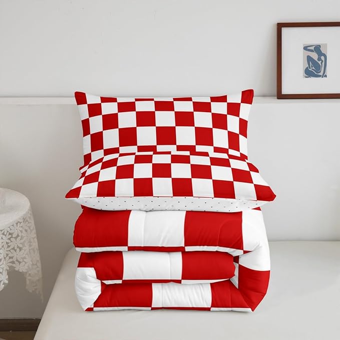 Feelyou Checkered Retro Bedding Set Teen Women Men Red White Plaid Comforter Set Queen Size Kids Boys Girls Geometric Vintage Duvet Insert Modern Simple Groovy Aesthetic Room Decor