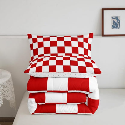 Feelyou Checkered Retro Bedding Set Teen Women Men Red White Plaid Comforter Set Queen Size Kids Boys Girls Geometric Vintage Duvet Insert Modern Simple Groovy Aesthetic Room Decor