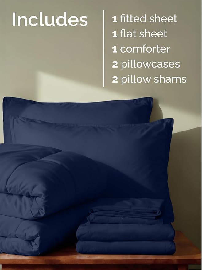 King Comforter Set - 7 Piece Bed in a Bag King Size Bed Set - Down Alternative Comforter, Flat Sheet, Fitted Sheet, Pillowcase & Shams for All Seasons - Ultra Soft, Comfy and Breathable - Navy Blue