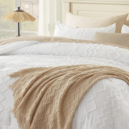 Andency White Full Size Comforter Set, 3 Pieces Boho Textured Fall Farmhouse Bed, Microfiber Geometric Comforter Bedding Set (79x90In Comforter & 2 Pillowcases)