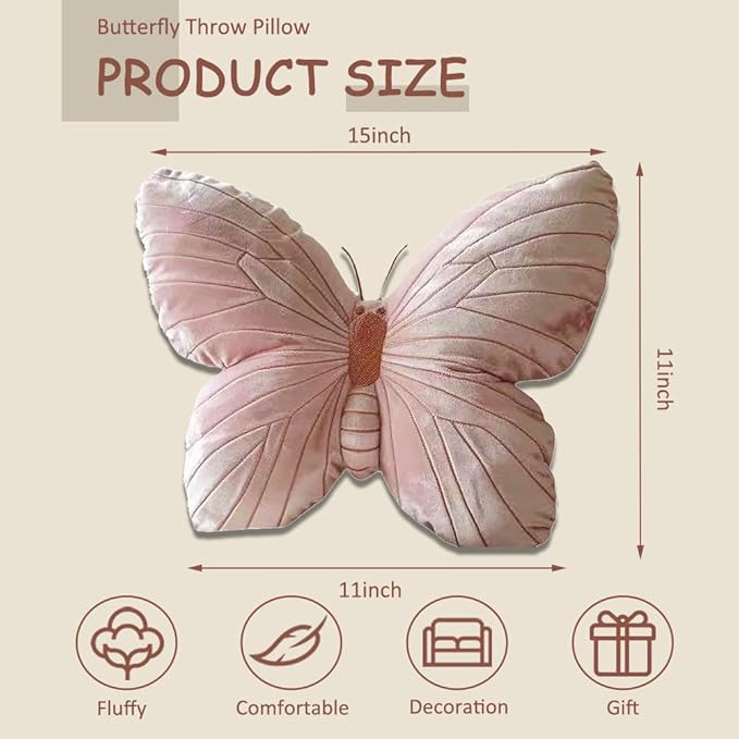 Butterfly Shaped Throw Pillow - Soft Stuffed Seat Cushion Pad, Pink Plush Velvet Decorative Animal Pillow for Couch, Living Room, Bed