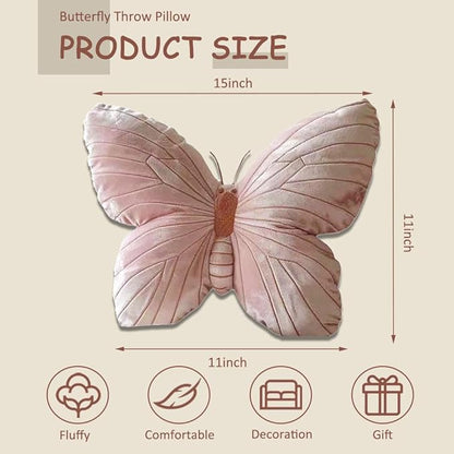 Butterfly Shaped Throw Pillow - Soft Stuffed Seat Cushion Pad, Pink Plush Velvet Decorative Animal Pillow for Couch, Living Room, Bed