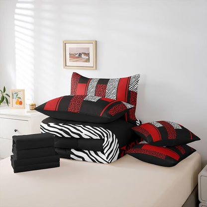Erosebridal Zebra Cheetah Fur Pattern Black Red Adults King 7-Piece Comforter Set | Leopard Print Stripes Sheets and Pillowcases Zebra Cheetah Wild Animal Skin Bed in A Bag Women Men Teens Bed Sets