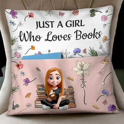 Personalized Pocket Pillow - Birthday Gift, Reading Cushion, Book Lover Keepsake - My Reading Pillow Reading Girl with Birth Month Flower