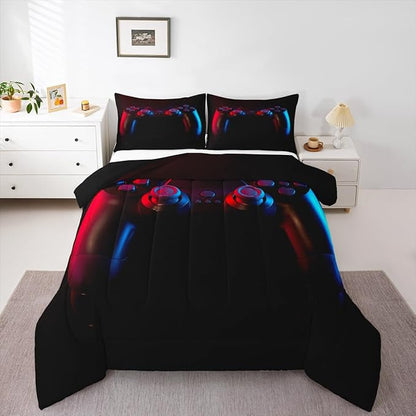 Gamer Comforter Set for Boys Girls Man Gaming Bedding Set,Black Gamepad Home Decor Player Video Game Duvet Insert Teens Kids 3 Pieces 1 Down Comforter with 2 Pieces Pillowcases(Full Size,All Season)