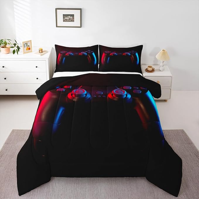 Erosebridal Gaming Bedding Set Gamer Comforter Set Kids Teens Boys Girls Gamepad Quilt Duvet Set Video Game Controller Pattern,Modern Decor 3 Pcs Down Comforter with 2 Pillow Shams, King Size, Black