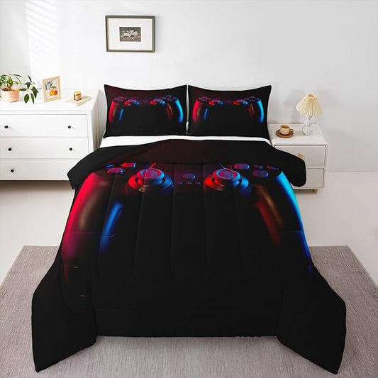 Gamer Comforter Set for Boys Girls Man Gaming Bedding Set,Black Gamepad Home Decor Player Video Game Duvet Insert Teens Kids 2 Pieces 1 Down Comforter with 1 Pieces Pillowcase(Twin Size,All Season)