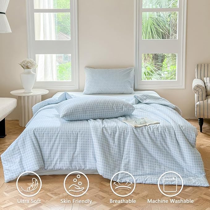NSNLGSGC Light Blue Gingham Cotton Comforter Set Twin, 100% Washed Cotton Blue Plaid Checked Comforter Bedding, 2 Pieces Vintage Farmhouse Grid Bedding Set(Light Blue Gingham, Twin)