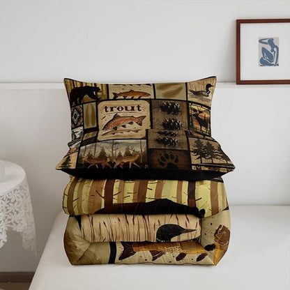 Feelyou Wild Animal Comforter Set Toddler Size, Wildlife Hunting Quilt Set Bear Deer Eik Fish Duck Hunting Bedding Set for Kids Boys Teens Room Decor, Wooden Board Farmhouse Duvet Insert