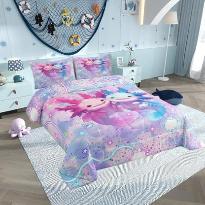 Axolotl Comforter Set Queen Size,Kawaii Pink Blue Axolotl Bedding Set for Girls Bedroom Decoration,Rainbow Glitter Galaxy Bed Duvet Insert,Watercolor Love Pattern Comforter with 2 Pillowcases