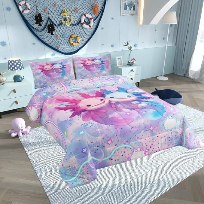 Kawaii Axolotl Bedding Set Full Size Colorful Glitter Sky Galaxy Comforter Set for Girls Kids Teens Cartoon Dream Fairy Tale Style Quilted Duvet Set Room Decor 3Pcs,Reversible Colorful