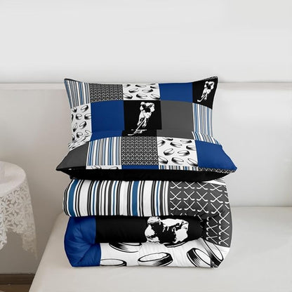 Feelyou Ice Hockey Bedding Set Soft for Boys Girls, Ice Sports Games Comforter Set Twin Size Hockey Player Duvet Quilt Microfiber Winter Sports Bedroom Decor Gray Blue 2 Pcs with 1 Pillow Cases
