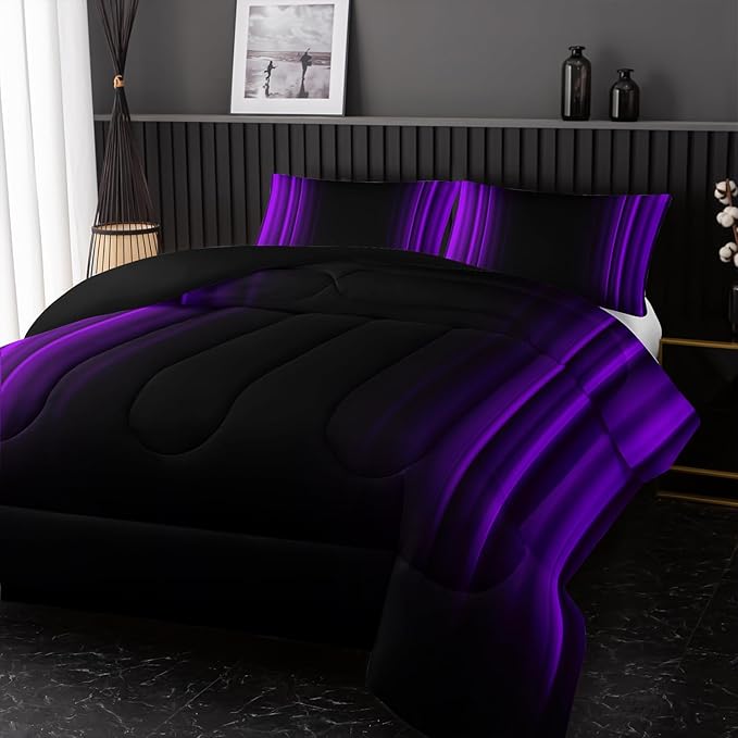 Purple and Black Bedding Set Twin Size Abstract Ombre Comforter Set for Teen Boys, Mordern Bedding Set 3 Piece in A Bag,Dark Quilt Set Mordern Art Decor Lightweight All Seasons with Pillowcases