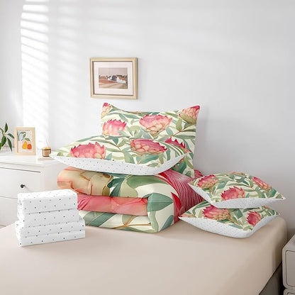 Feelyou Flowers Comforter Set King Size 7 Pieces Florals Bedding Set for All Season Blossom Flowerss Pattern Nature Theme Bed in a Bag with Comforter, Sheets, Pillowcases & Cushion Cover