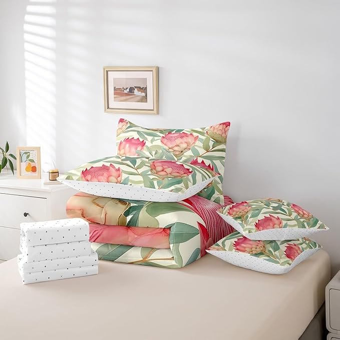 Feelyou Flowers Comforter Set Queen Size 7 Pieces Florals Bedding Set for All Season Blossom Flowerss Pattern Nature Theme Bed in a Bag with Comforter, Sheets, Pillowcases & Cushion Cover