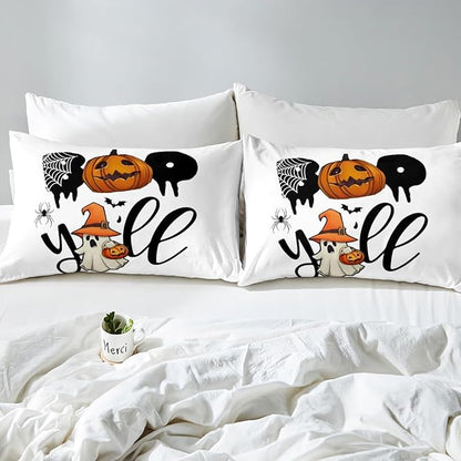 Erosebridal Halloween Boo Bedding Set Toddler, Halloween Pumpkin Comforter Set, Cute Ghost with Wizard Hat Comforter, Black Bat Spider Web Quilt for Kid Boys Girls Teens Women Men Bedroom Decor