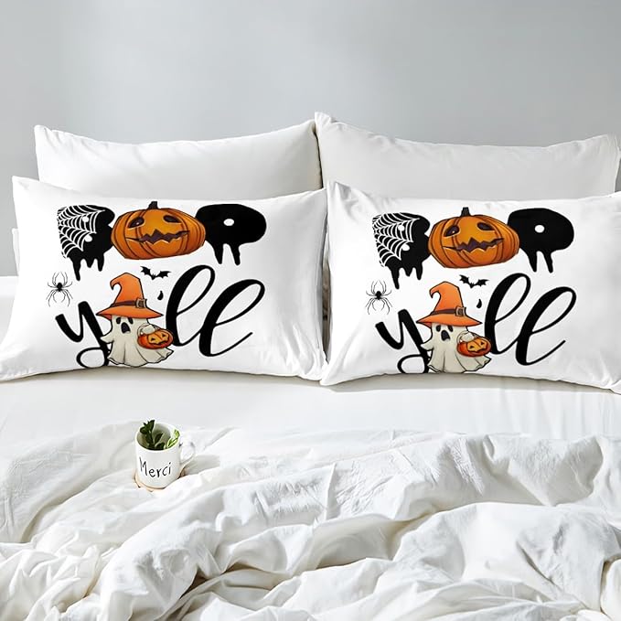 Erosebridal Halloween Boo Bedding Set Queen, Halloween Pumpkin Comforter Set, Cute Ghost with Wizard Hat Comforter, Black Bat Spider Web Quilt for Kid Boys Girls Teens Women Men Bedroom Decor