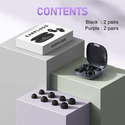 Silicone Ear Plugs for Sleeping, Noise Cancelling Reusable Earplugs with Comfortable Fit – Hearing Protection for Sleep, Concerts, Travel – 4 Pairs, Black + Purple
