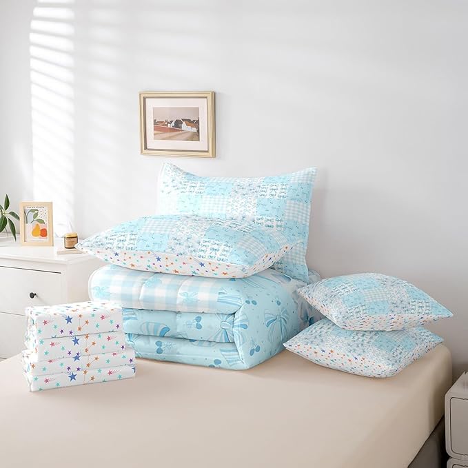 Feelyou Blue Bow Comforter Set with Sheets King Size Kids Bowknot Plaid 7 Pieces Bedding Set for Boys Girls Teens Gift for Girls Women Grid Bed in a Bag Breathable Princess Décor Bed Set
