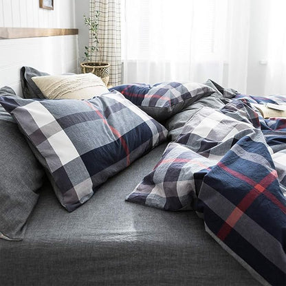Cottonight Navy Blue Plaid Comforter Set King Buffalo Checkered Comforter Lightweight Blue Grid Bedding Set Super Soft Blue Red and White Plaid Bedding Set for Men Boys Adults
