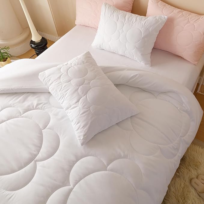 CLOTHKNOW White Comforter Set Full Daisy Puff Bedding Comforter Sets Soft Floral Boho Comforter White Comforter with 2 x Pillow Cases
