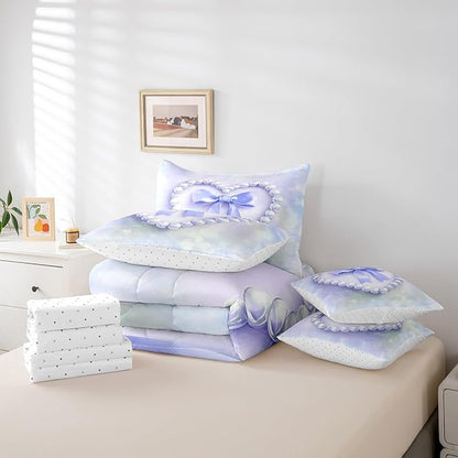 jejeloiu Girls Silk Bow 7 Piece Bedding Set King Size Purple Pearl Comforter Set with Sheets for Kids Women Princess Style Bed in a Bag Purple Ombre Bed Set
