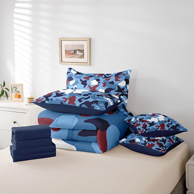 Erosebridal Duck Camo 7 Pcs Comforter Set Queen Size Camouflage Bedding for Kids Hunting Farmhouse Camping Bed in A Bag Sheet Set Vintage Navy Blue Room Decor Wild Duck Rustic Animal Bed Set