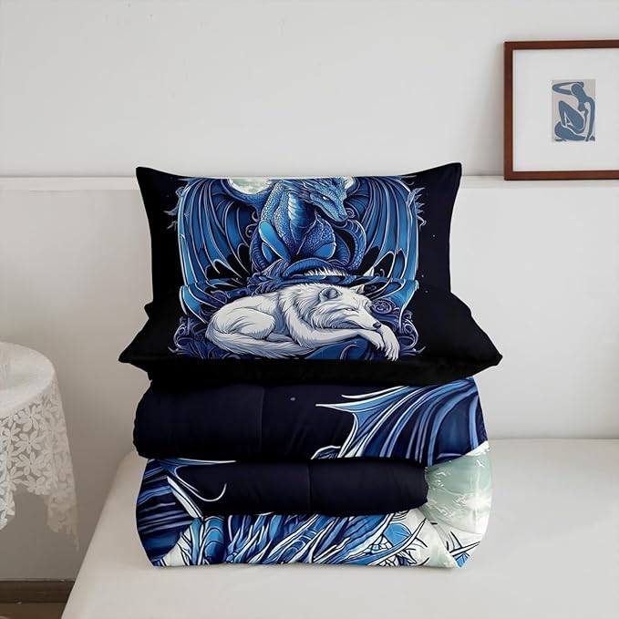 Erosebridal Dragon Comforter Set Queen Size for Boys, Wolf Animals Bedding Set, Tribal Exotic Wildlife Down Comforter for Boys Adult Men Room, Moon Starry Sky Quilt, Black Blue