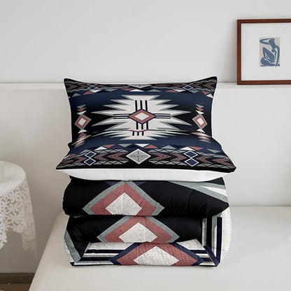 Southwestern Comforter Set Twin Size,Geometric Aztec Tribal Arrow Striped Bedding Set,Kids Adult Rustic Farmhouse Western Quilt Set Dark Blue Red Vintage Bohemian Duvet Insert,1 Pillowcase