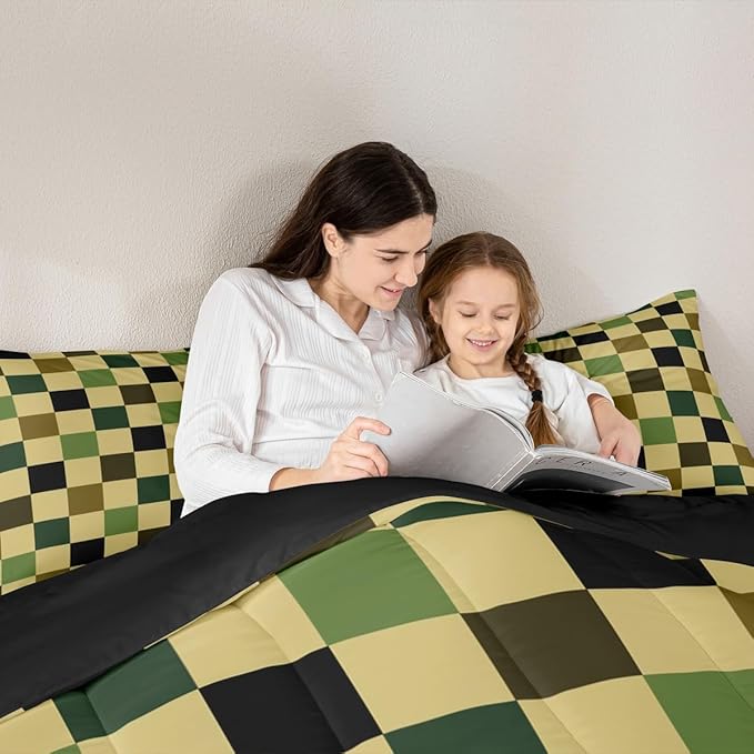 Feelyou Checkered Retro Comforter Set All Season Hunter Green Plaid Bedding Set with 2 Pillow Cases Geometric Camo Army Kids King Bedclothes Modern Hunting Groovy Aesthetic Bedroom Decor Duvet Quilt