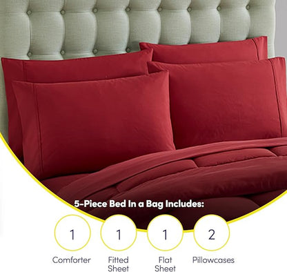 Sweet Home Collection 7 Piece Comforter Set Bag Solid Color All Season Soft Down Alternative Blanket & Luxurious Microfiber Bed Sheets, Burgundy, Twin XL