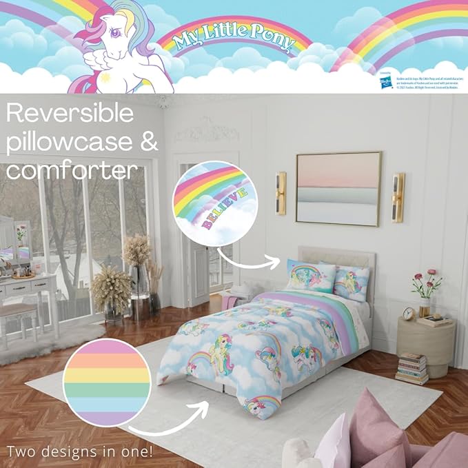 Franco Collectibles My Little Pony Classic Retro Unicorn Rainbow Bedding 5 Piece Super Soft Comforter and Sheet Set with Sham, Twin, (100% Official Licensed Product)