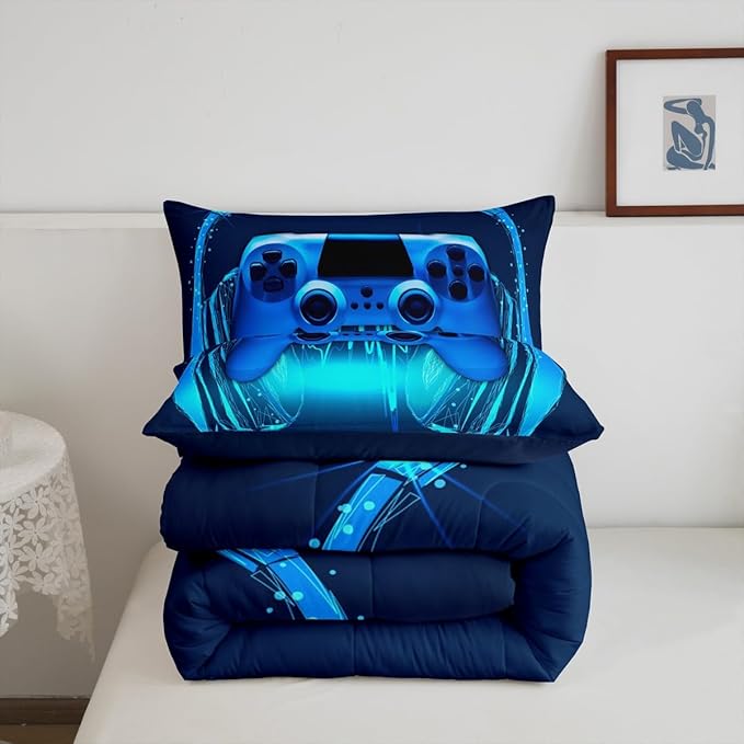 Gamer Comforter Set King Size,Blue Headphones Musical Design Games Gamepad Bedding Set for Kids Boys Video Game Room Decor Retro Playing Gamer Down Comforter Gaming Controller Quilted Duvet Set