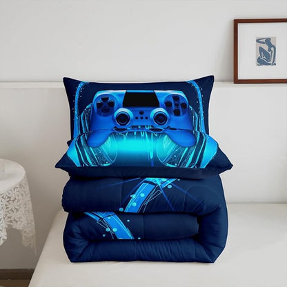 Gamer Comforter Set King Size,Blue Headphones Musical Design Games Gamepad Bedding Set for Kids Boys Video Game Room Decor Retro Playing Gamer Down Comforter Gaming Controller Quilted Duvet Set
