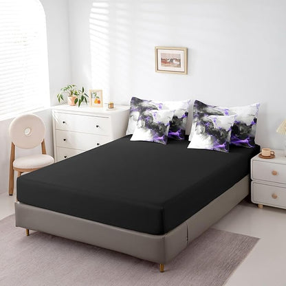 Erosebridal 7pcs Black Purple Marble Bedding King Size Grey Marbling Comforter Set, Modern Aesthetic Bedding Comforter Sets Mountain Fluid Bed in a Bag, Foil Print Stone Pattern Bedding Accessories