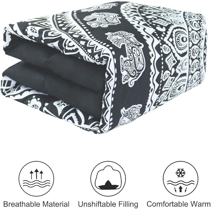 uxcell 3-Piece Bohemian Black Comforter Sets - 3D Printed Bohemia Themed - All-Season Down Quilted Duvet - Reversible Design - Includes 1 Comforter, 2 Pillow Cases King