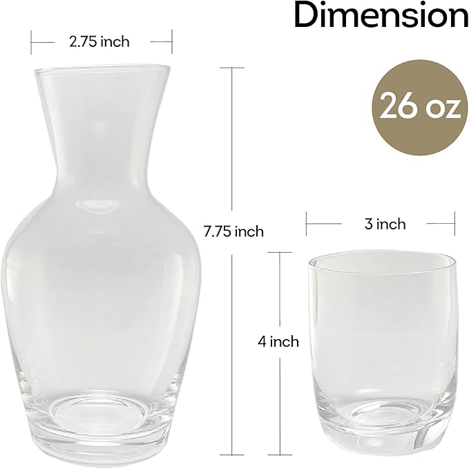 Lily's Home 26 oz Water Carafe, With Glass Cup as Lid, Bedside Water Carafe for Bedroom, Bathroom, or Kitchen, Ideal for Midnight Hydration and End Table Decor