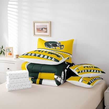 Erosebridal Football 7 Pcs Comforter Set Full Football Fans Bedding for Boys Girls Football City Sheet Set Bed in A Bag Yellow Rugby Competition Room Decor Sports Ball Game Quilt