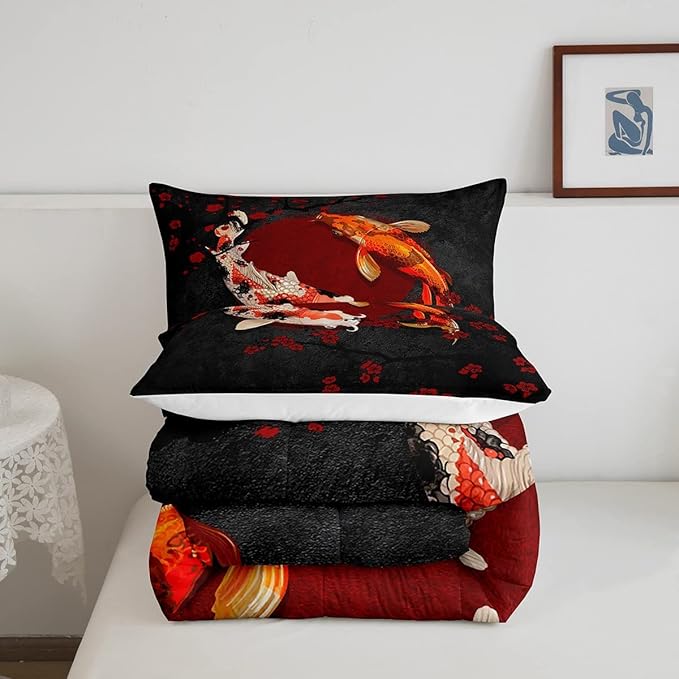 Koi Fish Kids Comforter Set King Size,Marine Animals Cherry Blossom Branch Romantic Bedding Set,Girls Boys Adults Xmas Decor,Japanese Ukiyo-e Down Comforter,Red Black Duvet Insert,2 Pillowcases
