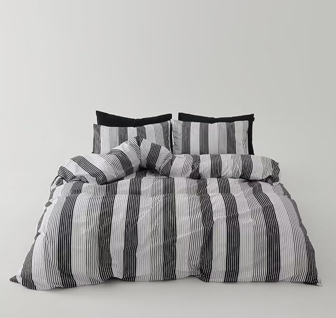 CLOTHKNOW Striped California King Comforter Sets 3Pcs Black and White Bedding Comforter Sets Cotton Comforter All Season Farmhosue Comforter with 2 Pillowcases