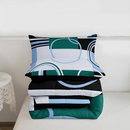 Modern Green Blue Full Comforter Set Circles Swirls Bedding Sets Room Decor Abstract Black White Square Duvet Insert Geometric Stripe Quilt Set Modern Creative Texture Art Down Comforter All Season