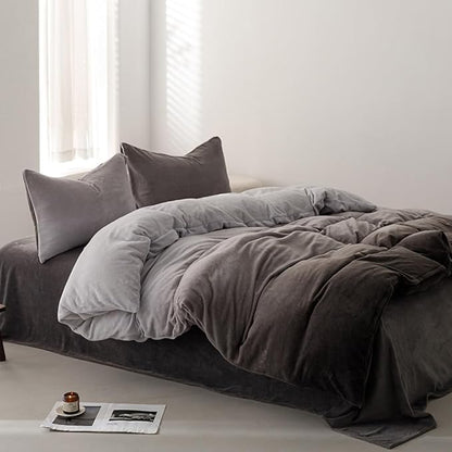 Wellboo Grey Gradient Comforter Set - Queen Size, Silver & Dark Grey Velvet & Flannel Quilts, Modern Farmhouse Abstract Art, Micromink Sherpa Fuzzy Plush Bed