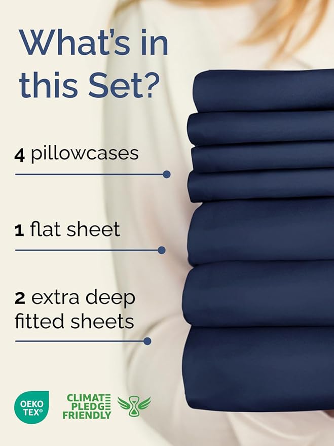 Extra Deep Split King Sheet Set - 7 Piece Breathable and Cooling Sheets - Hotel Luxury Bedding for Women, Men, Kids & Teens - Easy Secure Fit - Soft and Wrinkle Free - Extra Deep Pockets - Navy Blue