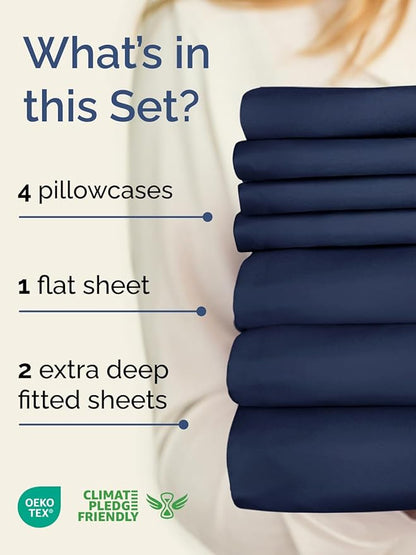 Extra Deep Split King Sheet Set - 7 Piece Breathable and Cooling Sheets - Hotel Luxury Bedding for Women, Men, Kids & Teens - Easy Secure Fit - Soft and Wrinkle Free - Extra Deep Pockets - Navy Blue