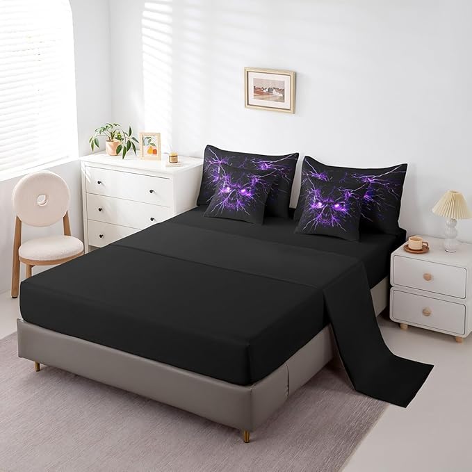 Erosebridal Gothic Bed in a Bag Queen Comforter Set 7 Piece,Sugar Skull Spooky Bone Goth Bedding Set,Purple Lightning Comforter and Sheet Set,Exotic Halloween Skeleton Decorations